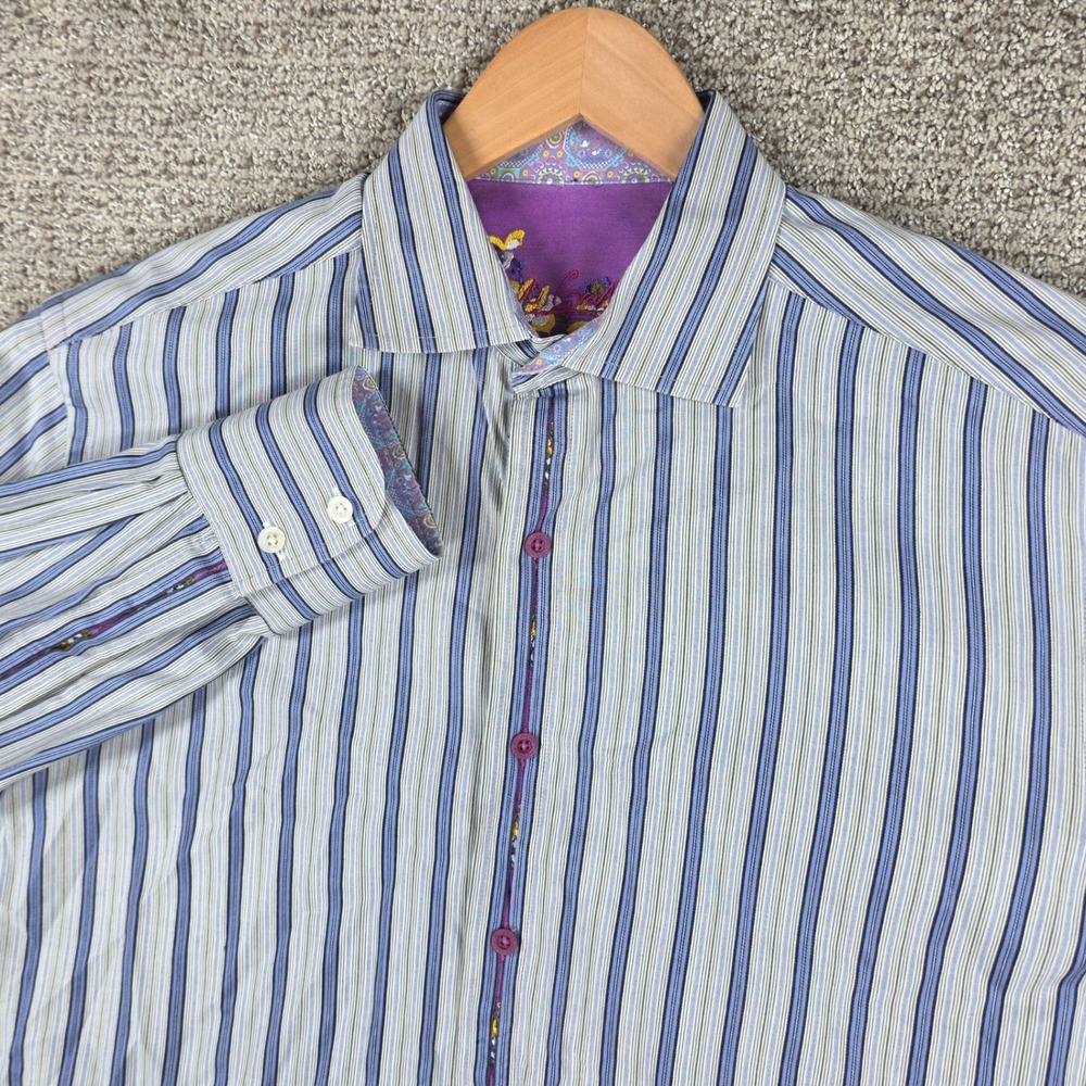 Robert Graham Mens Large Blue Striped Long Sleeve Button Down Shirt Floral Trim